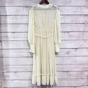 Endless Rose Ivory Pleated Dress Size Small Long Sleeve Sheer Ruffle Midi Chic